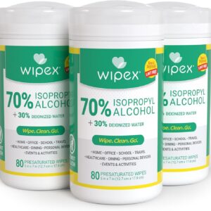 Wipex 70% Isopropyl Alcohol Wipes for Electronics – 80ct Large Lint Free IPA Wipes in Sealed Canister to clean Surfaces, Electronics, Computer Screens, Glasses, 80 Count (Pack of 3)