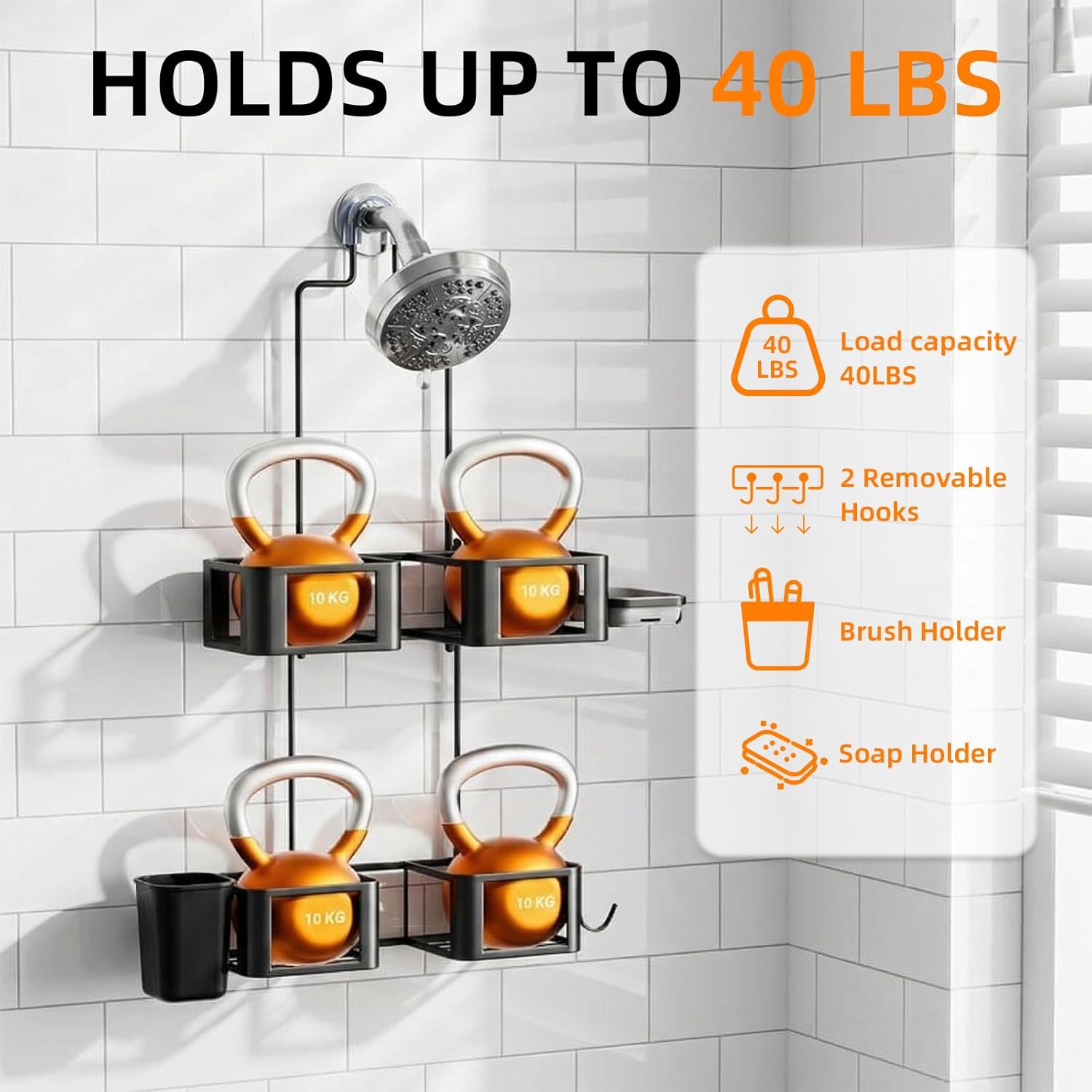 Epicano Hanging Shower Caddy for Handheld Showerheads, Anti-Swing Overhead ShowerCaddy with Removable Hooks & Holders for Razor, Sponge, Soap & Toothbrush, Stainless Steel, Black - Image 5