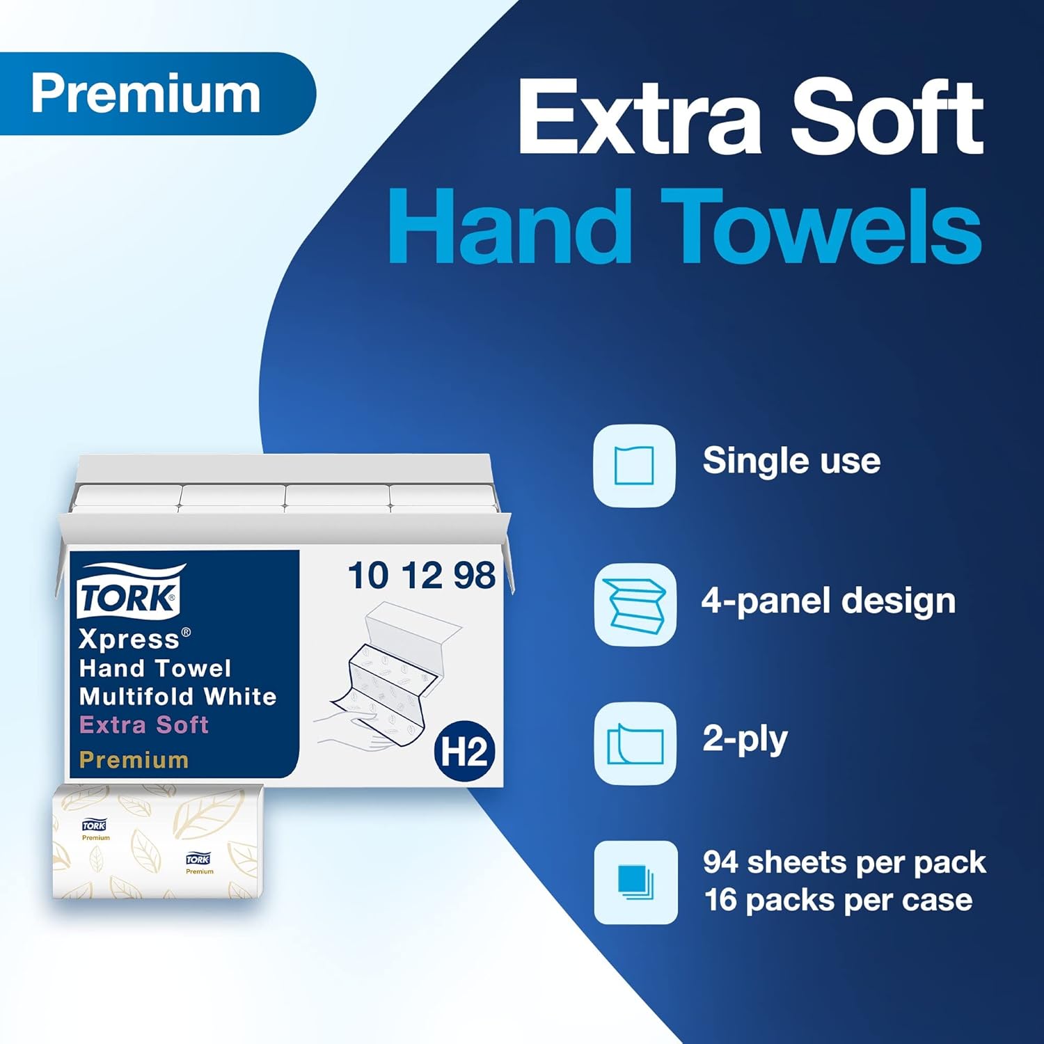 Tork Extra Soft Multifold Hand Towels White with Blue Leaf Print, H2 Dispenser Compatible 16 Packs x 94 Towels (101298) - Image 3