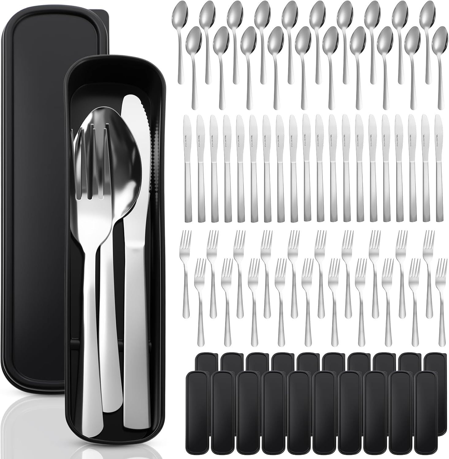Lothee 20 Pack Travel Utensils with Case Reusable Stainless Steel Silverware Bulk Camping Cutlery Set Include Forks Knives Spoons for Work Picnic Travel and Lunchboxes, Dishwasher Safe, Black - Image 4