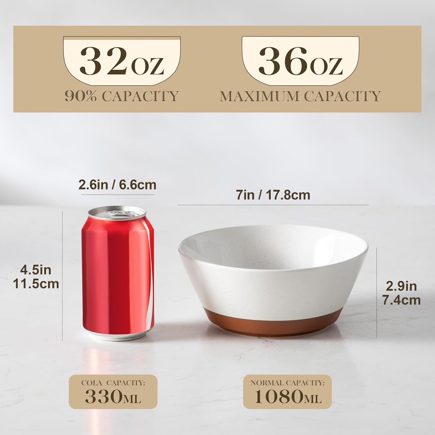 MALACASA Soup Bowls, Ceramic Salad Bowls Set of 4, 36oz Ceramic Bowls for Ramen, Cereal, Fruit and Pho, Microwave & Dishwasher Safe, Speckled Deep Bowls, Vanilla White & Brown - Image 3
