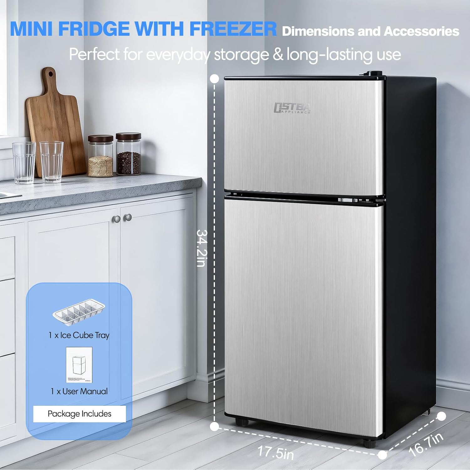 OSTBA Mini Fridge with Freezer - 3.2 Cu.ft 2-Door Upright Freezer, Compact Refrigerator with 2 Removable Shelves 7 Level Adjustable Thermostat, Removable Shelves for Bedroom Office Apartment, Silver - Image 7