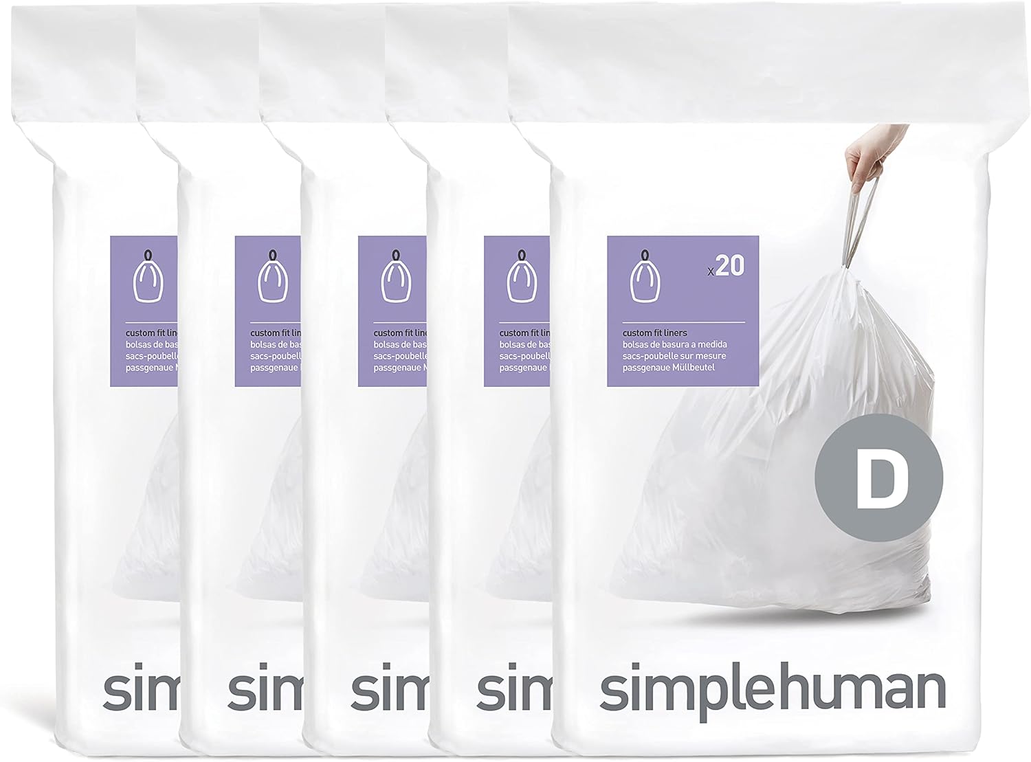 simplehuman Code D 100 Count Custom Fit Liners, Drawstring Kitchen Trash Bags, One-by-One Mess-Free Dispense, Extra Thick & Double Seamed, 50% PCR Plastic, 20 Liter / 5.3 Gallon, White - Image 2
