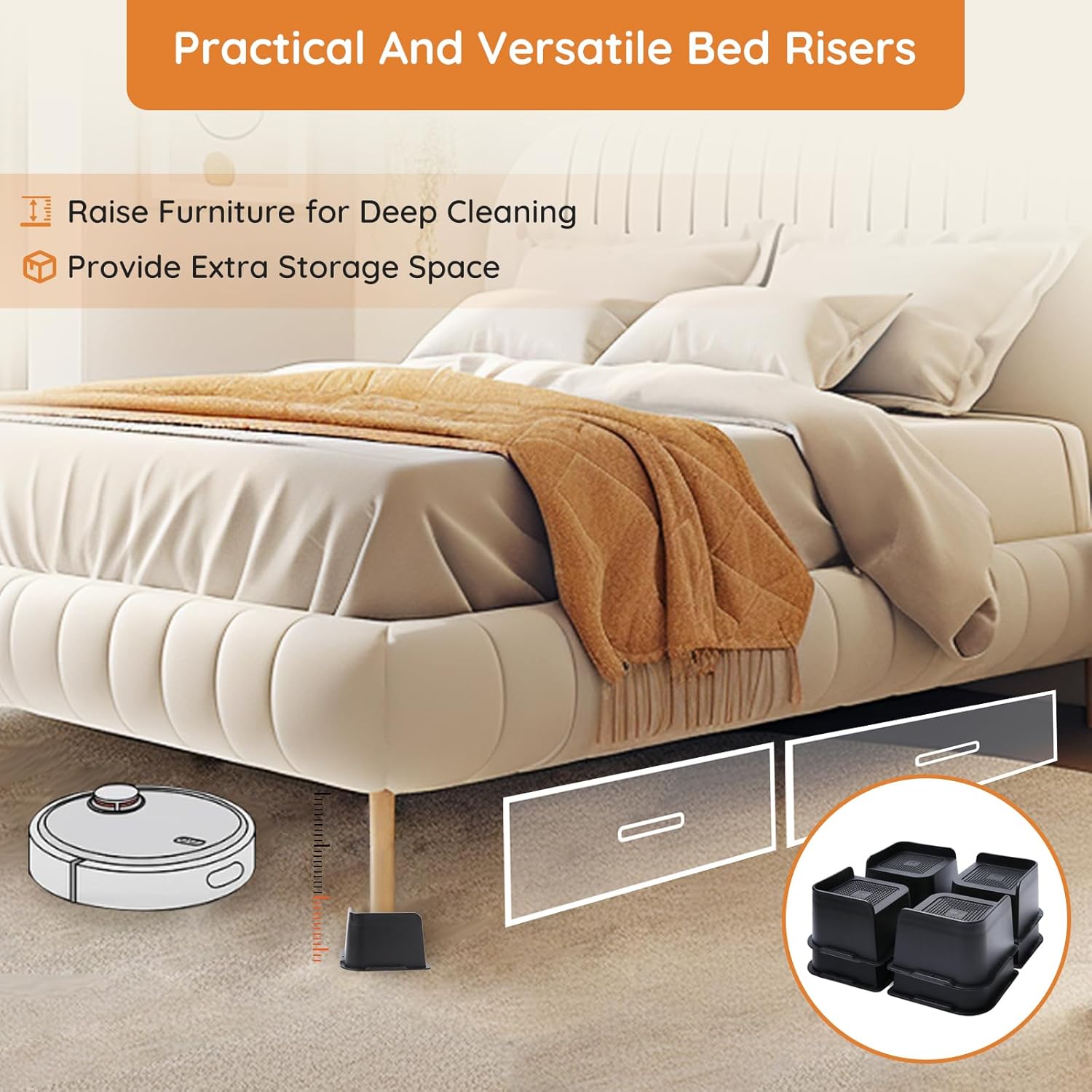 Bed Risers, Oversized Furniture Risers, 3 inch Raise Blocks for Bed Couch Desk Sofa Table Lifts, Furniture Legs Lifters Support up to 6000 Lbs (Black, 8 Pack Set) - Image 6