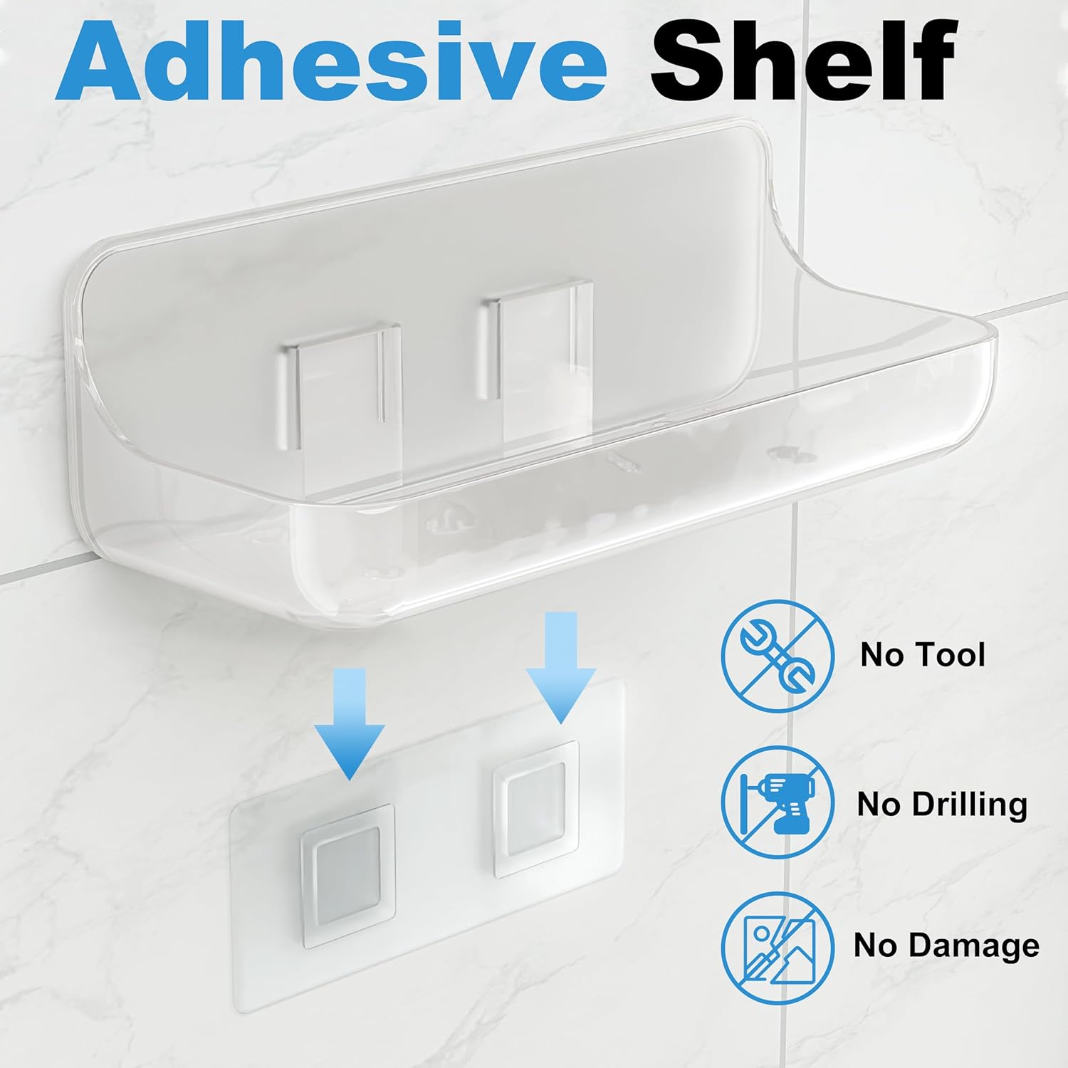 Adhesive Shower Caddy, 2 Pack Acrylic Bathroom Shelves, No Drill Wall Mount Organizer Storage Shelf - Image 5