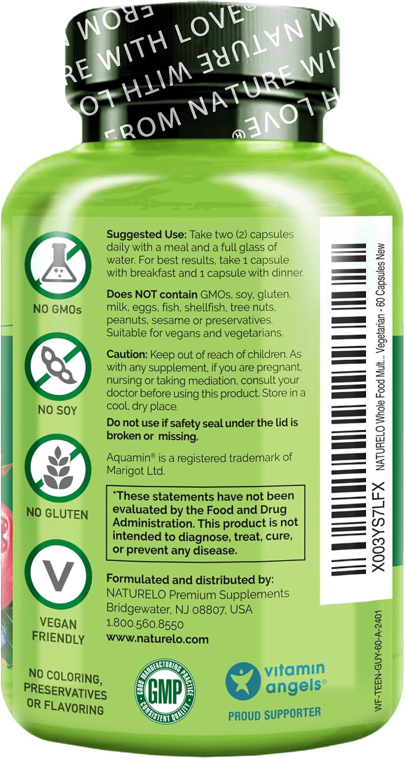 NATURELO Teen Multivitamin - Whole Food Multivitamin for Teenage Boys - Minerals Supplement for Active Kids - with Plant Extracts - Non-GMO - Vegan & Vegetarian - 60 Capsules - Image 8