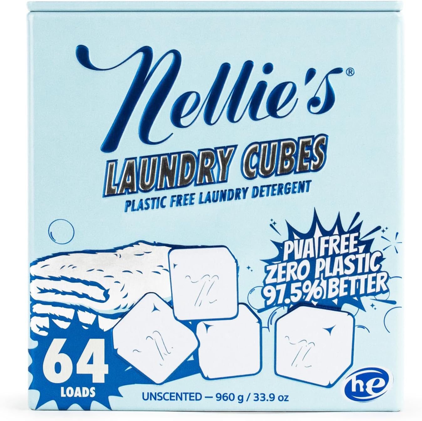 Nellie's Laundry Cubes 64 Load - Zero Plastic, PVA-Free Laundry Detergent - Tough on Stains & Odors - Dissolves in Hot or Cold Water - HE & Standard Machine Safe - Made in Canada - Image 2