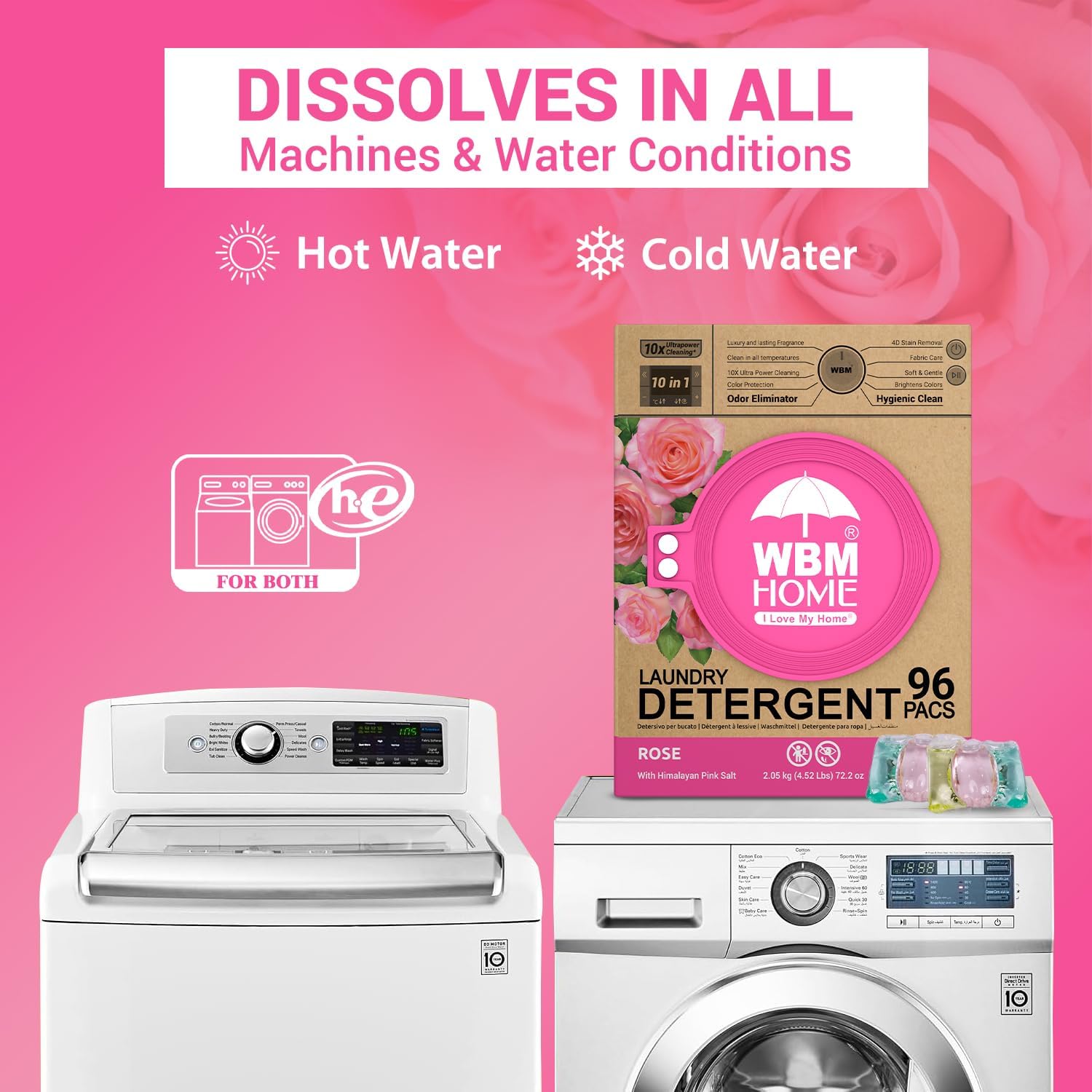 WBM Home 10-in-1 Laundry Pods, Total 96 Count, Ultra Concentrate with Powerful Stain Lifter Technology, Fabric Softener With Rose Extracts, Detergent Pods - Image 5
