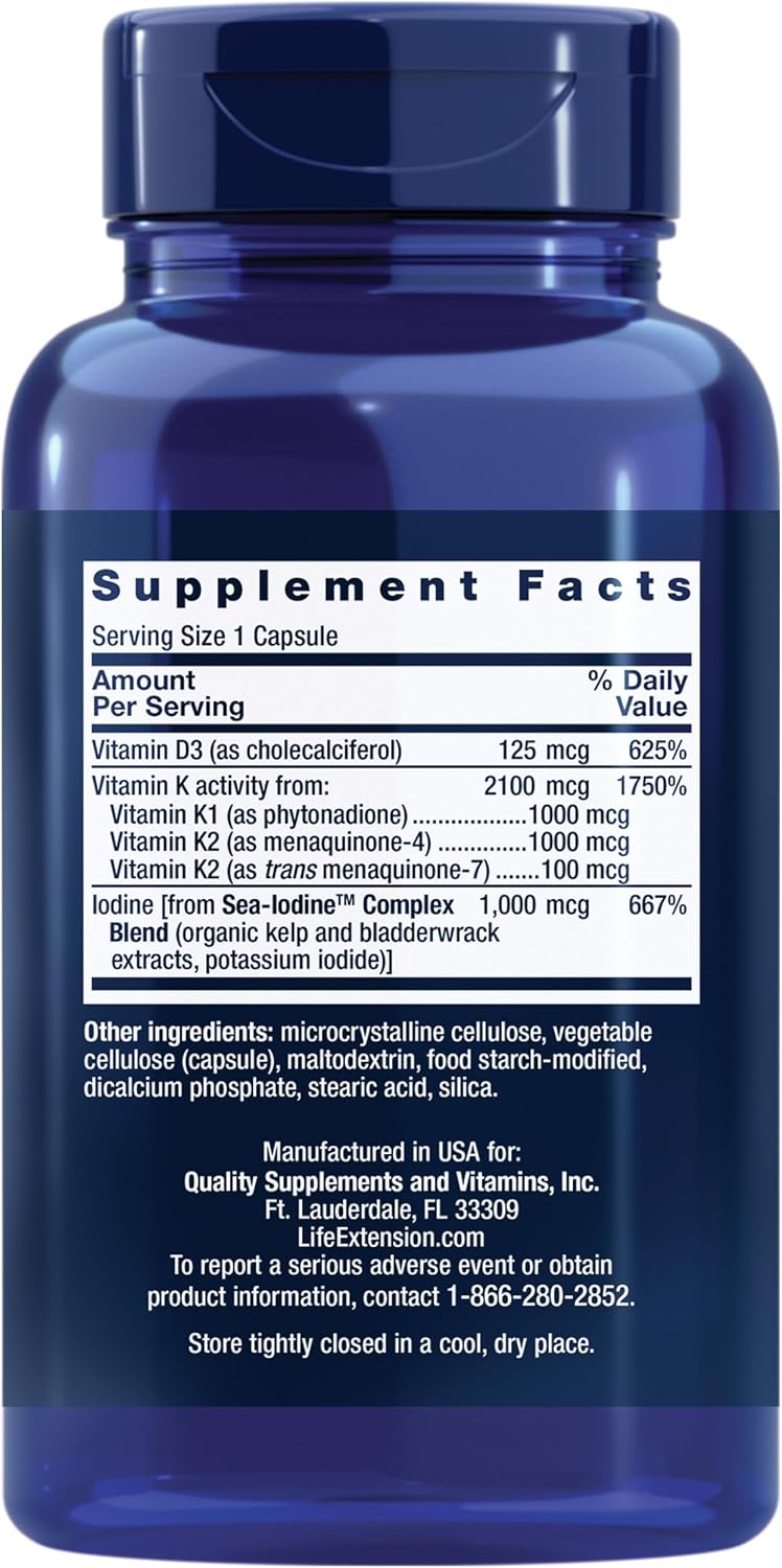 Life Extension Vitamins D and K with Sea-Iodine, Vitamin D3, Vitamin K1 and K2, Iodine, Supports Immune, Bone, arterial and Thyroid Health, Non-GMO, Gluten-Free, 60 Capsules - Image 3