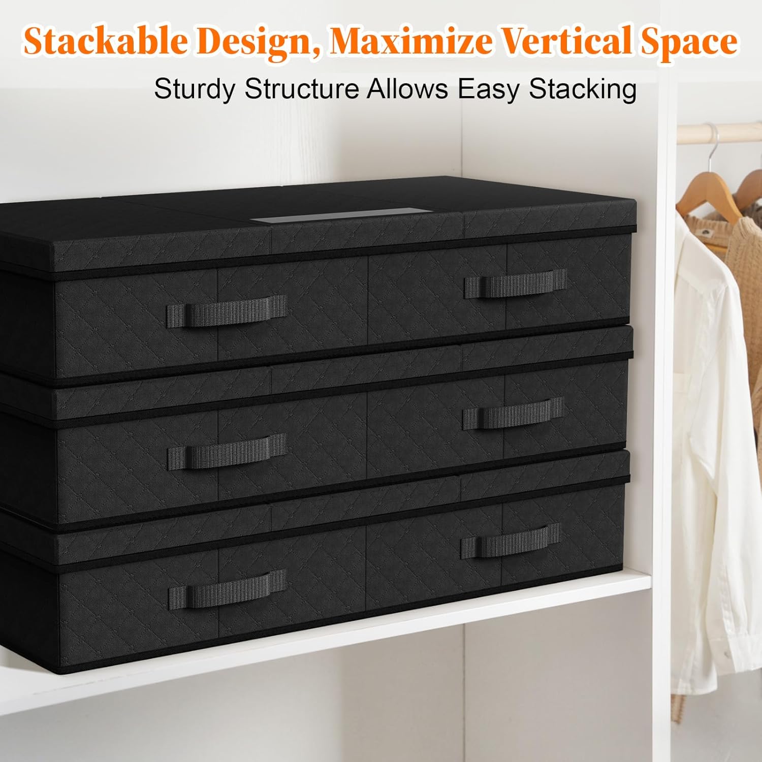StoreHappily Under Bed Storage Containers with Lids - 2 Pack, Foldable and Stackable Clothes Storage Bags with Clear Window, 3-Sided Handles and Label Slot for Clothing, Blankets, Pillows (Black) - Image 7