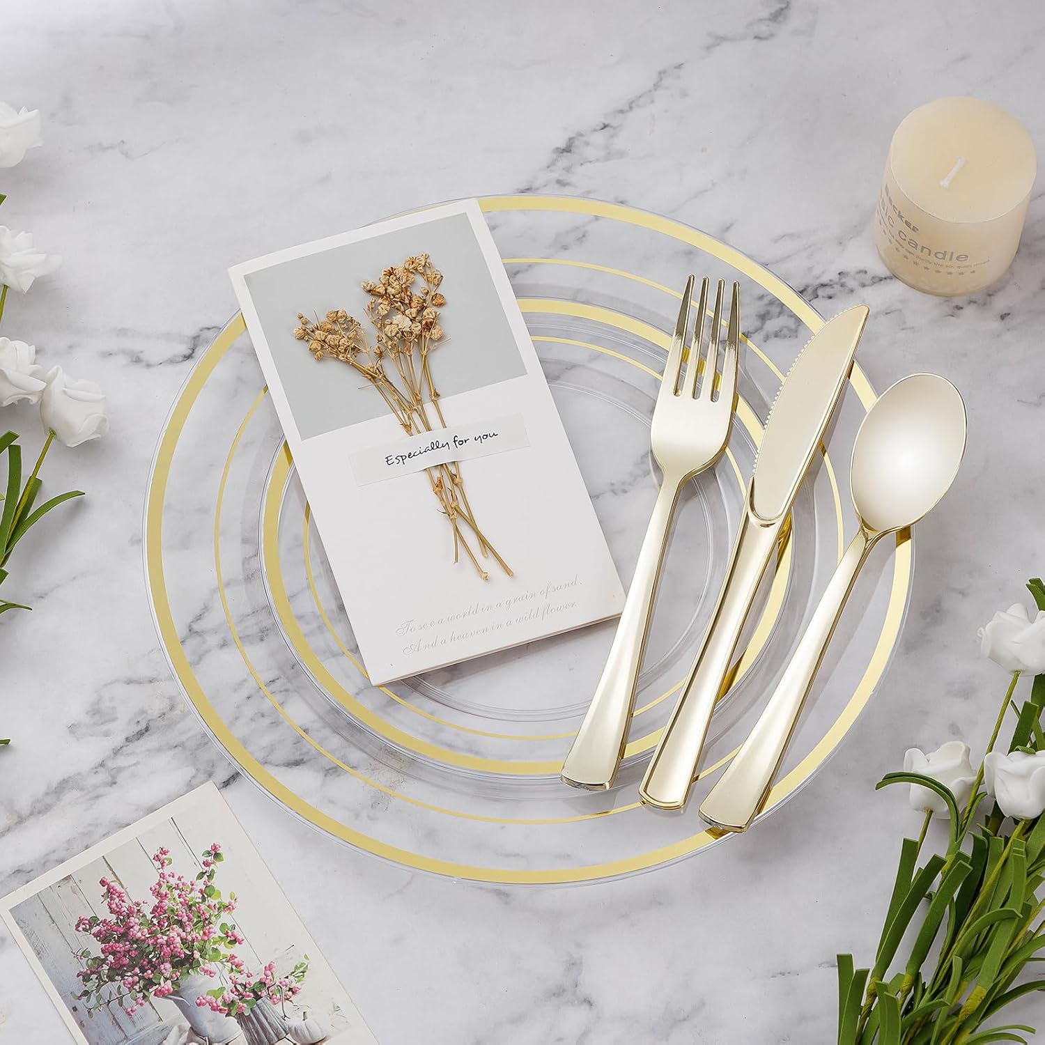 BESTVIP 600PCS Clear Gold Dinnerware Set for 100 Guests, Plastic Plates for Party, Christmas and New Year, 100 Disposable Plates, 100 Dessert Plates, 100 Cups, 100 Spoons, 100 Forks and 100 Knives - Image 2