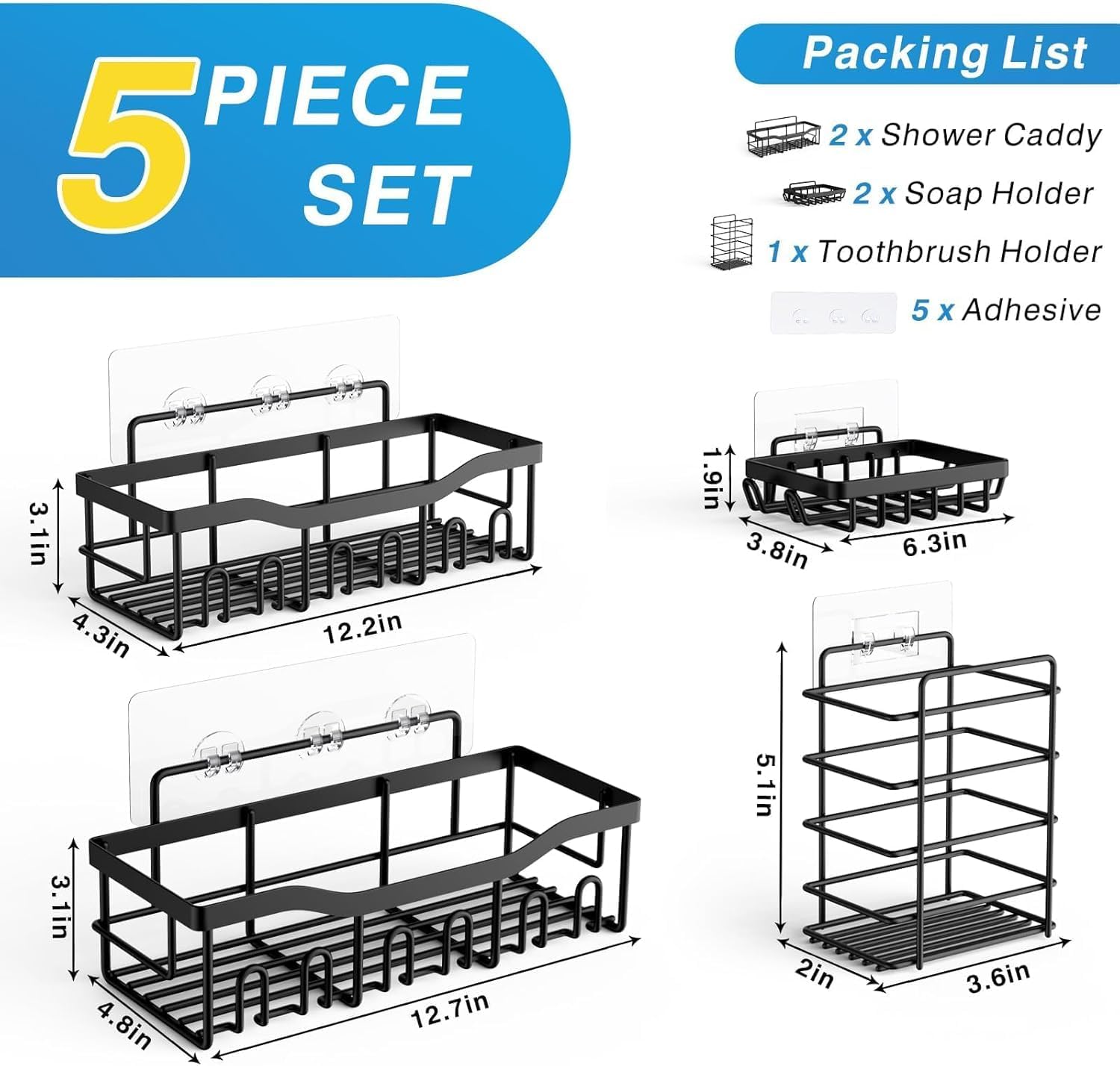 EUDELE 5-Pack Rustproof Stainless Steel Shower Caddy Set– No Drill Adhesive Bathroom Organizer, Space-Saving Shower Shelves for Apartment Essentials, Bathroom/Kitchen Storage Home Decor-L Size - Image 4