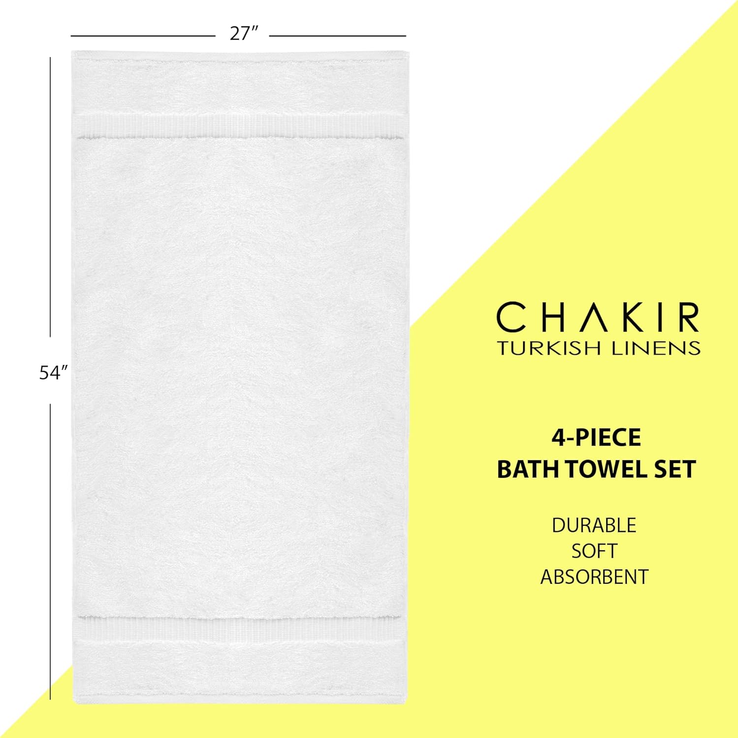 Chakir Turkish Linens 4 Piece Bath Towel Set, 100% Cotton Luxury Turkish Towels for Bathroom, Soft Absorbent Bath Towels, 27 x 54 Inches, White - Image 6