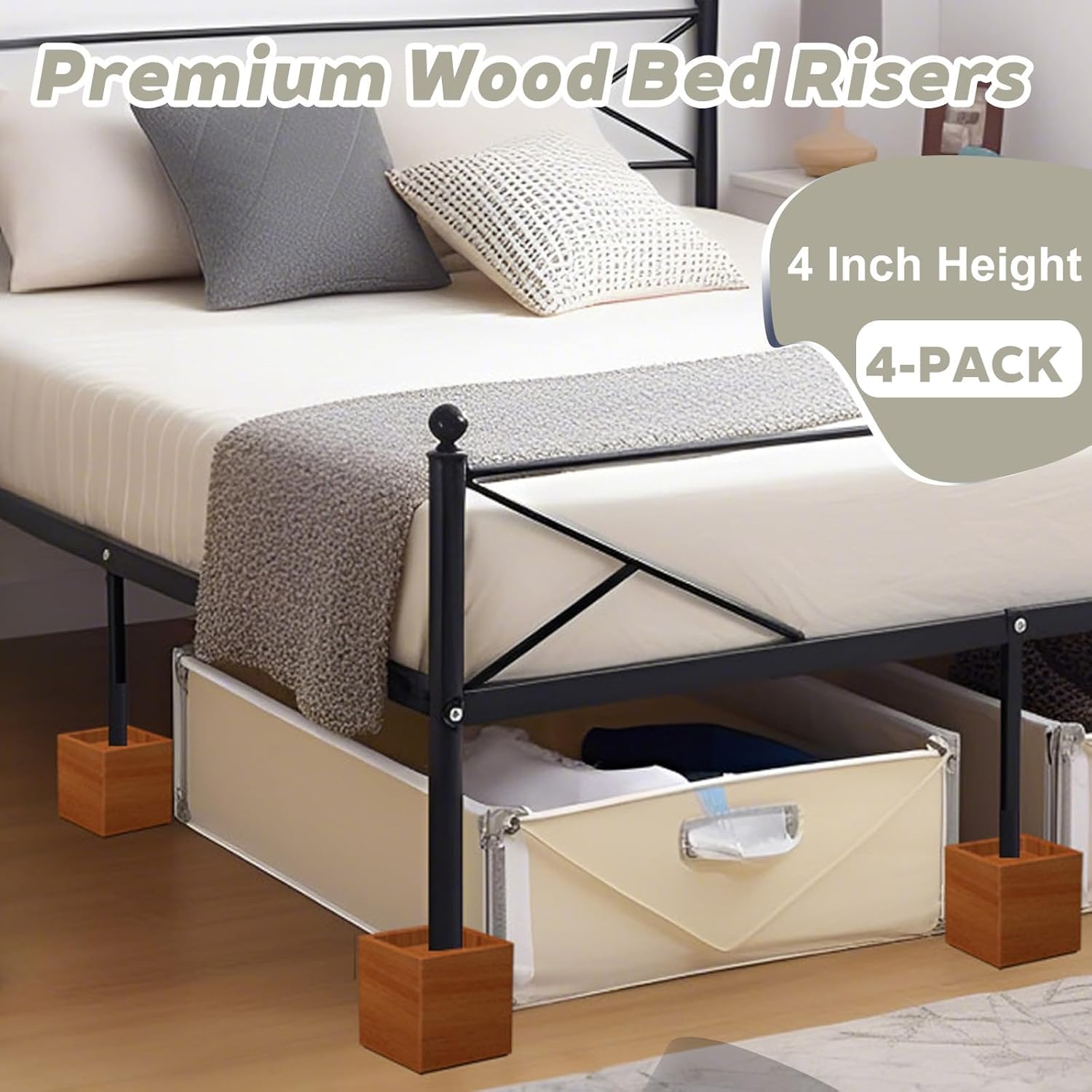 4-Inch Solid Pine Furniture Risers – 2000LBS Capacity, Tool-Free Install, Natural Wood Design for Beds, Sofas & Desks (4 Inch) - Image 3