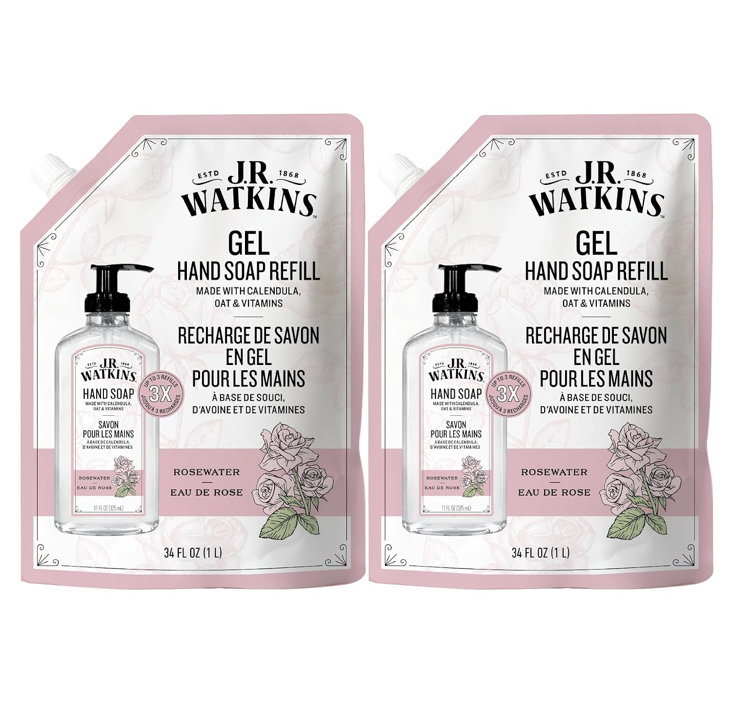 J.R. Watkins Gel Hand Soap Refill, Moisturizing Hand Wash, Formulated with Plant-Based Cleansers, Alcohol-Free, Cruelty-Free, Rosewater, 34 Fl Oz, 2 Pack - Image 2