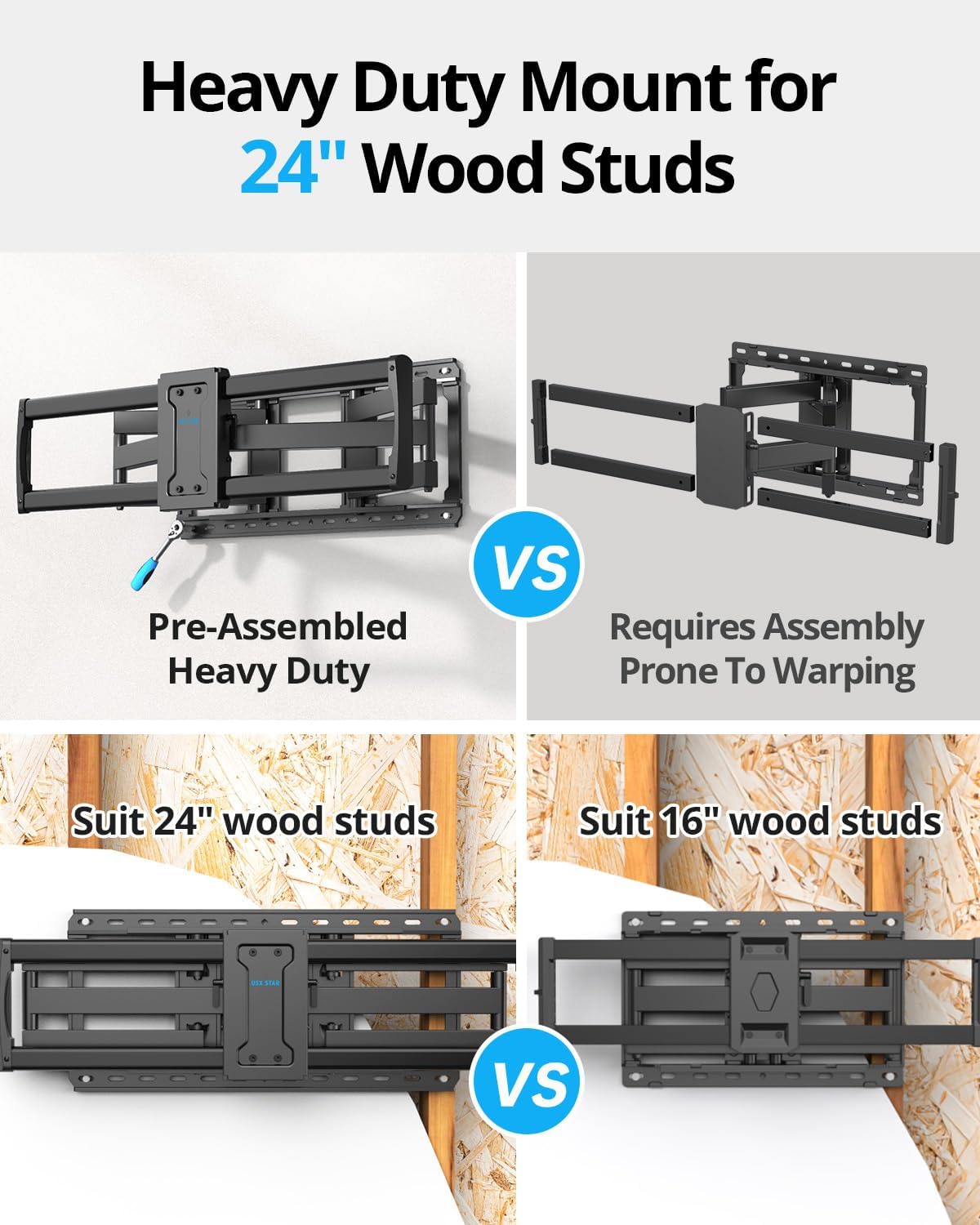 USX STAR 85 86 98 100 inch Heavy Duty TV Wall Mount for 37-105 inch Large TVs, Pre-Assembled TV Mount with Tool-Free Tilt, Up to 170lbs, VESA 800 x 600mm, 24″ Wood Studs - Image 4