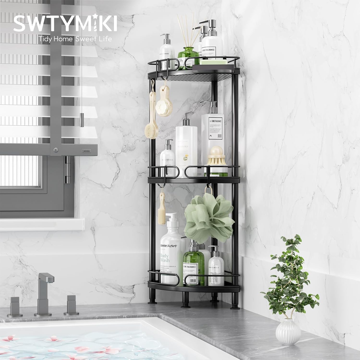 SWTYMIKI Corner Shower Caddy Standing - 3 Tier Rustproof Metal Shower Organizer Stand with Soap Holder and 4 Hooks, Freestanding Floor Shower Storage Stands for Bathroom, Black - Image 4