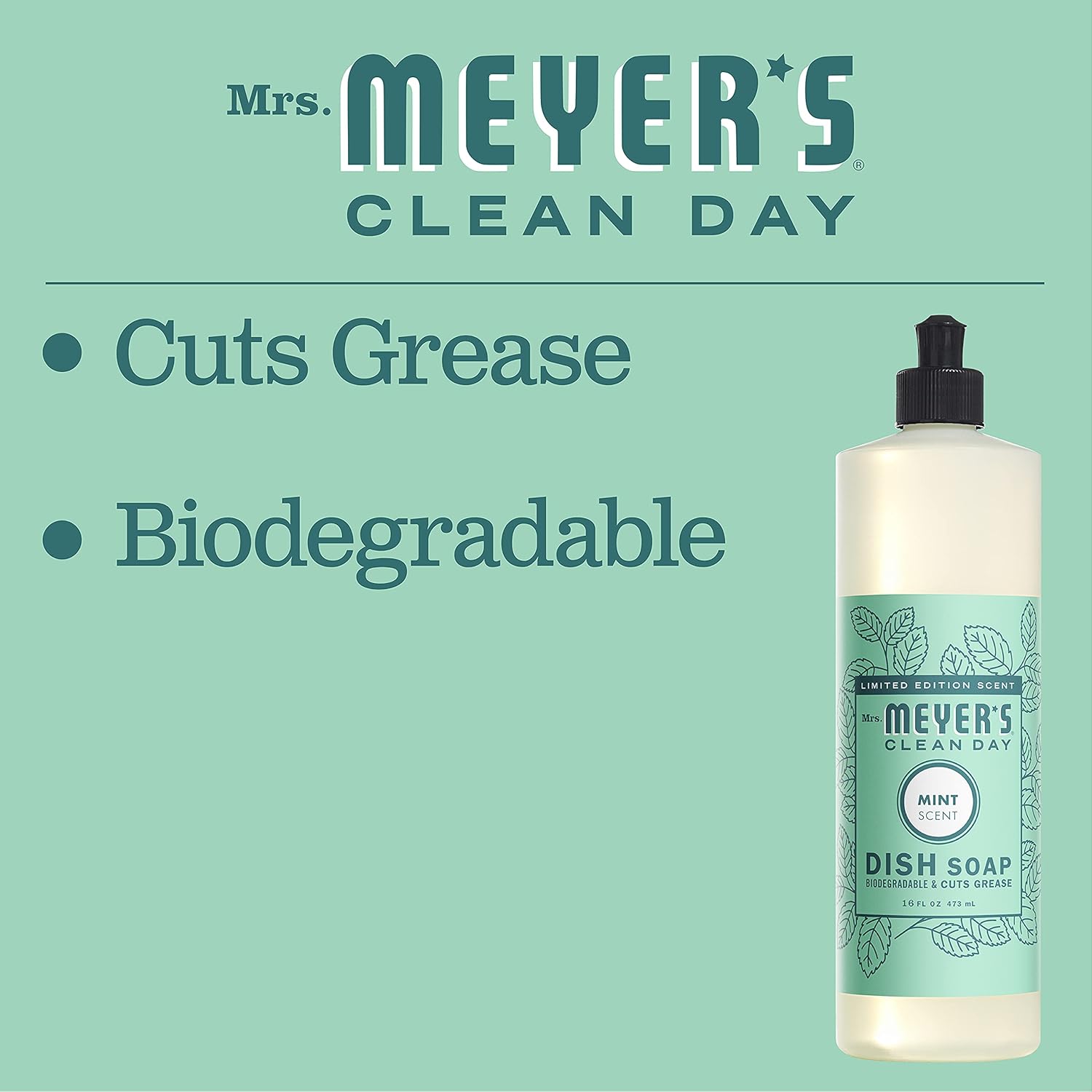 MRS. MEYER'S CLEAN DAY Liquid Dish Soap, Biodegradable Formula, Limited Edition Mint, 16 fl. oz - Pack of 6 - Image 6