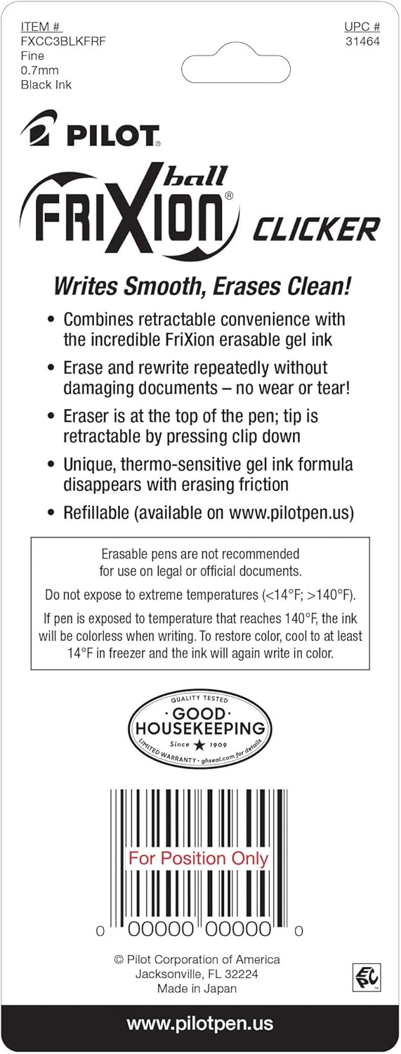 PILOT FriXion Clicker Erasable Pens, Refillable & Retractable Gel Ink Pens, Fine Point 0.7 mm, Black Ink, 3-Pack - Ideal for School, Journaling, & Office Writing - Image 4