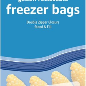 Amazon Basics Reclosable Freezer Gallon Size Bags with Double Zipper Seal, Stand-Up Bottom, BPA Free, 90 Count (Previously Solimo)