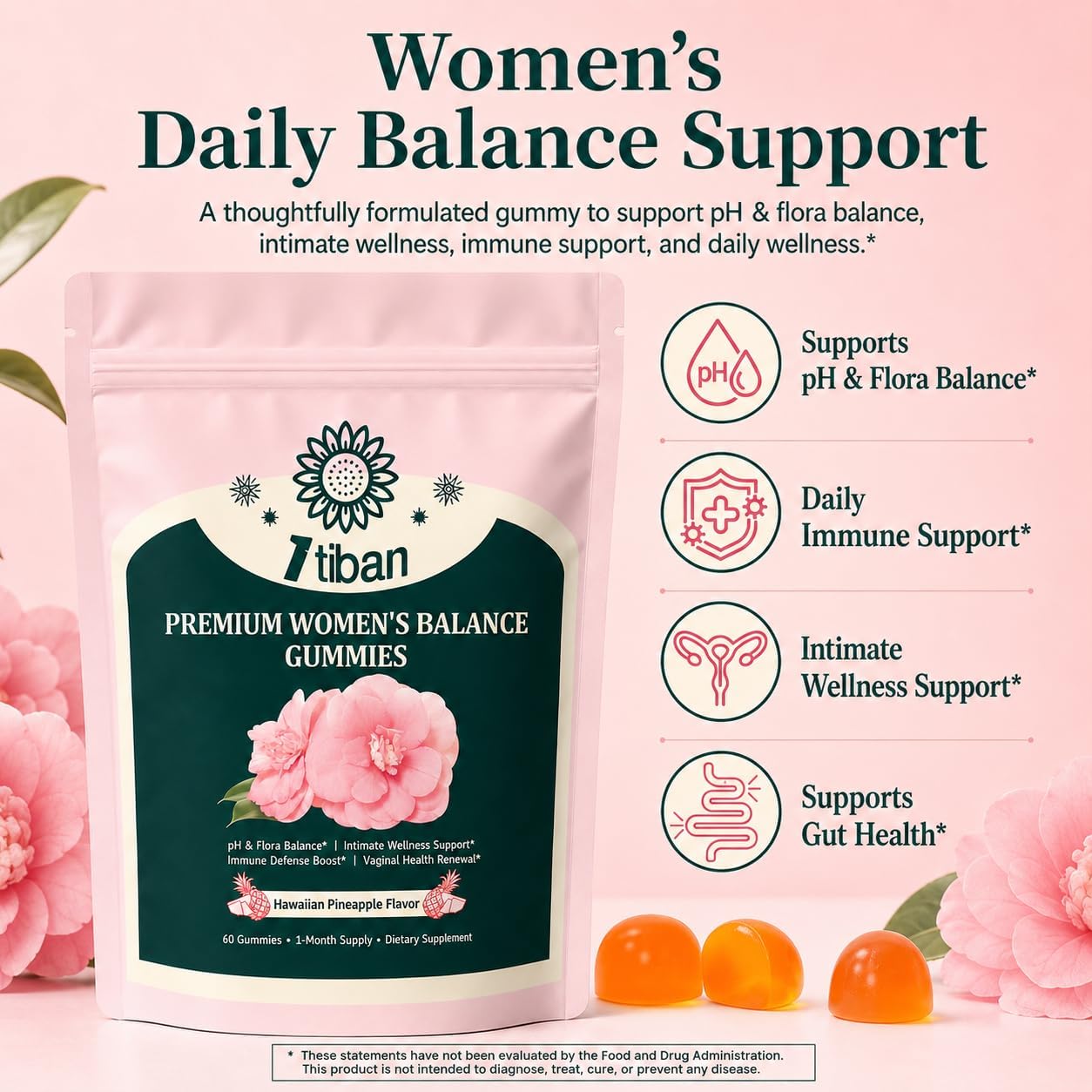 Pineapple Gummies for Women pH Balance, Feminine Probiotics for Vaginigal Health, Nutrition Feminine Gummies, Immune Support, Vegan, Gluten-Free, Hawaiian Pineapple 60 Gummies 30 Servings - Image 3