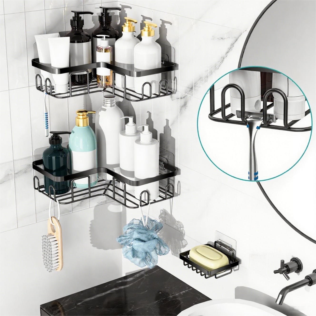 Moforoco Corner Shower Caddy Shelf Organizer Rack, Self Adhesive Black Bathroom Shelves Basket, Home Wall Shower Inside Organization and Storage Decor RV Accessories, First Apartment Essentials - Image 5