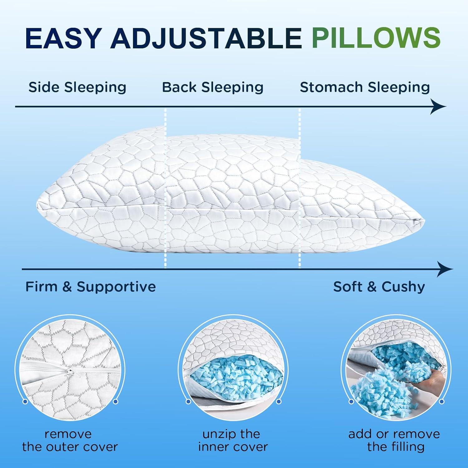 SUPA MODERN Cooling Pillow Queen Size Set of 2, CertiPUR-US Shredded Memory Foam Pillows for Sleeping, Cool Bed Pillows for Hot Sleepers, Adjustable Firm Pillow for Side,Back,Stomach Sleepers - Image 6
