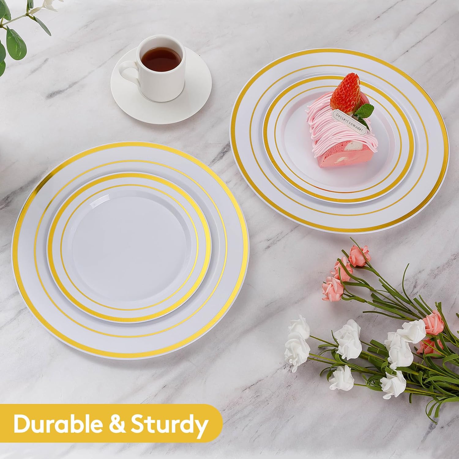 Goodluck 200PCS Gold Plastic Plates, Heavy Duty Disposable Gold Plates with 100 10.25 inch Dinner Plates and 100 7.5 inch Dessert Plates for Party, Holiday, Wedding, Thanksgiving - Image 3