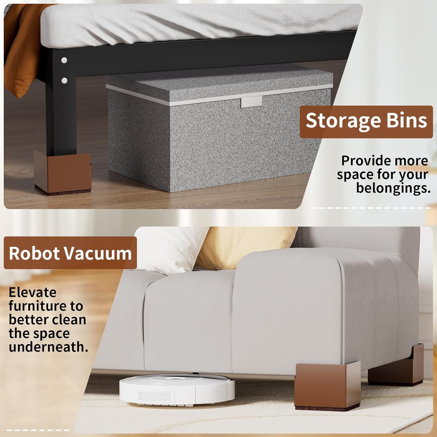 Bed Risers 2 inch Heavy Duty, 4 Pack Brown Square Metal Self-Adhesive, Oversized Furniture Risers for Bed Desk Table Sofa Couch, Support up to 6000 lbs, Protect Hardwood Floors from Scratches - Image 6