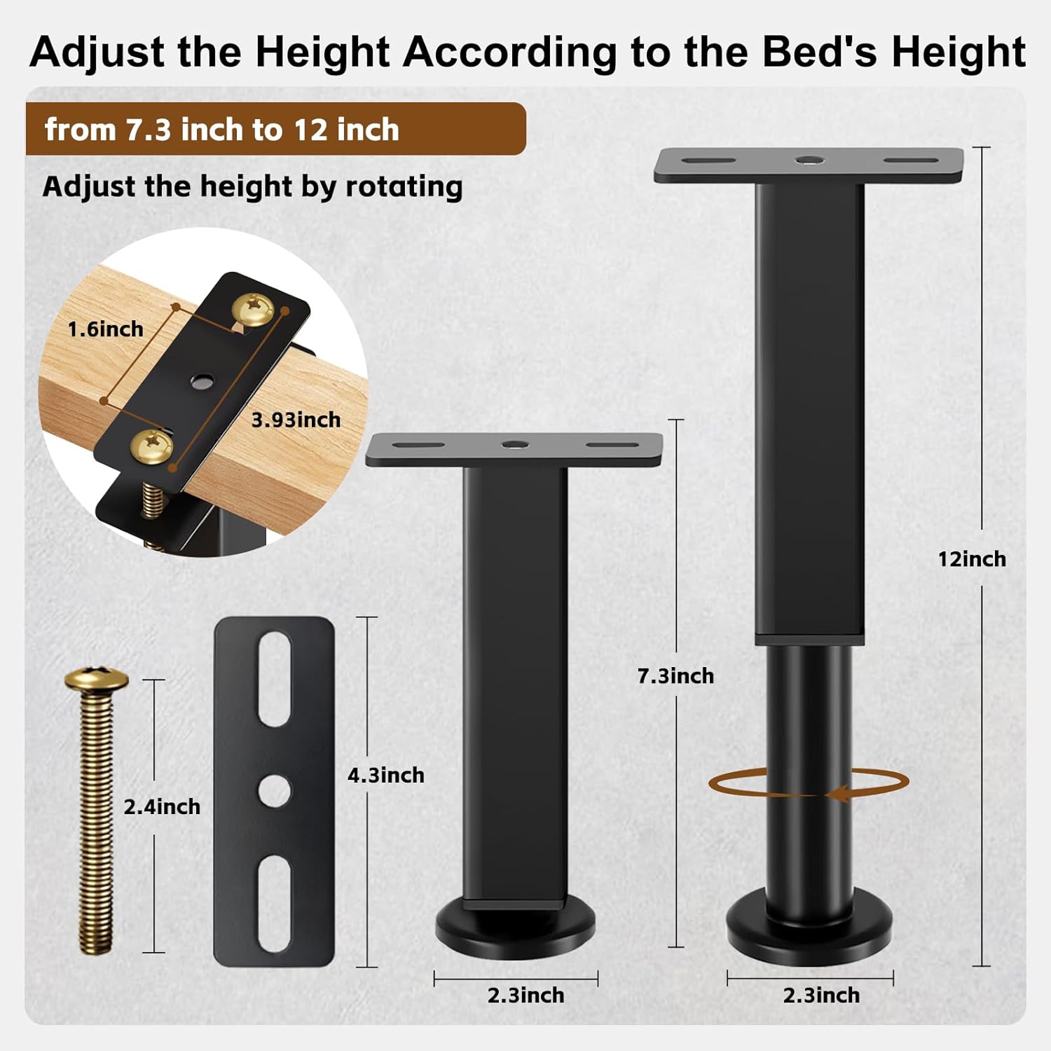 Bed Support Legs, 6PCS Replacement Adjustable Bed Risers, 7.3-12 in Heavy Duty Metal Furniture Feet with Non-Slip Rubber Base for King Queen Slats, Couch, Table, Sofa - Image 2