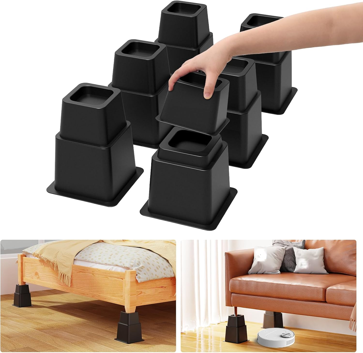 3, 5 or 8 inch Bed Risers Heavy Duty, Adjustable Furniture Risers for Bed, Sofa, Table, Chair, Support up to 1500 Lbs (Set of 6, Black) - Image 2