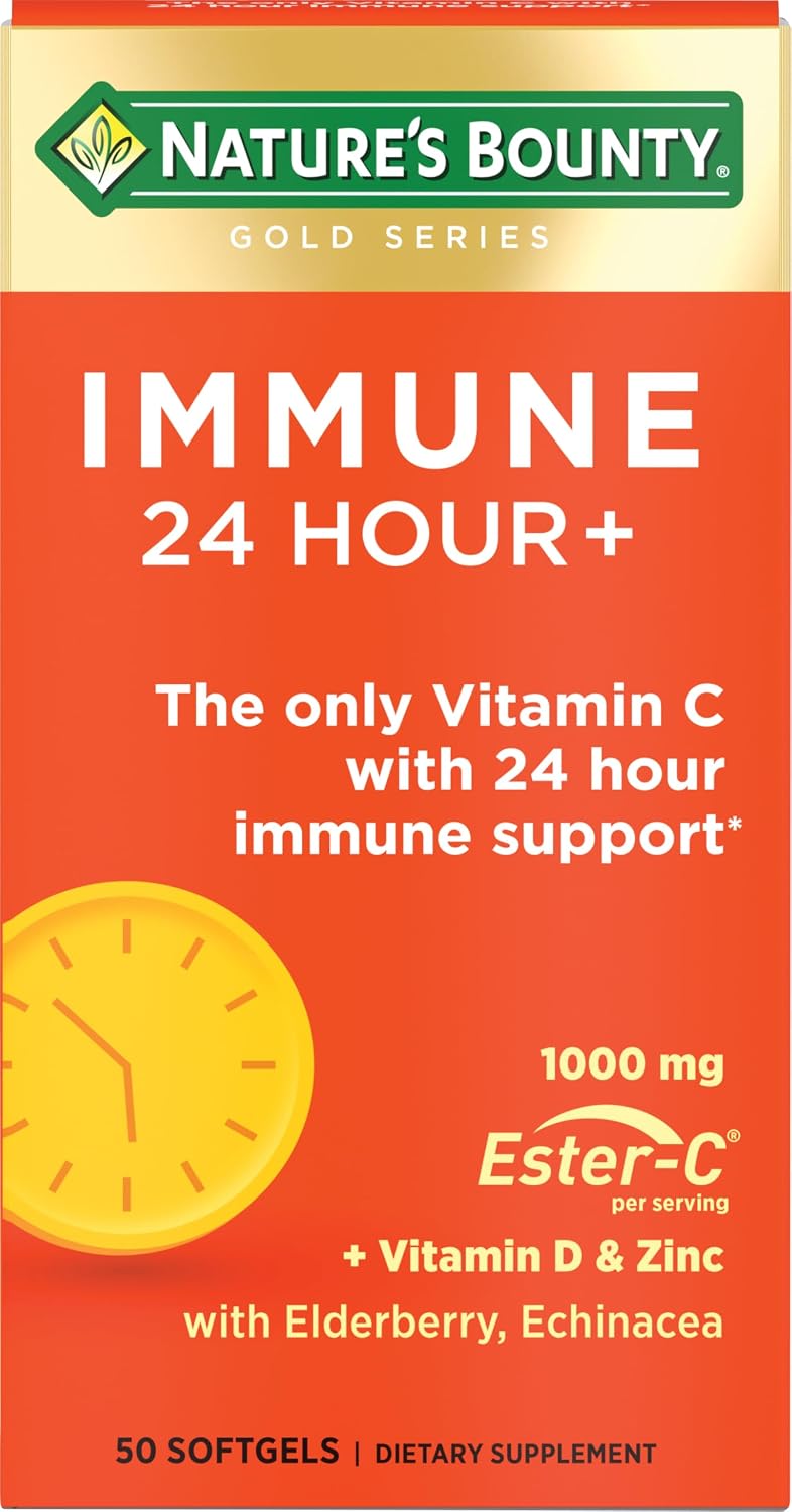 Nature's Bounty Immune 24 Hour +, The only Vitamin C with 24 Hour Immune Support from Ester-C, 1000 mg Vitamin C, D & Zinc, Gluten Free, Rapid Release Softgels, 2 Softgels per Day, 50 Count - Image 2