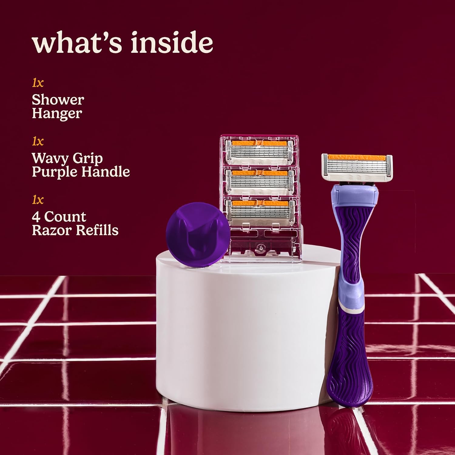 Dollar Shave Club for Women | 1 Purple Wavy Grip Handle, 4 Razor Refills, 1 Shower Hanger | Razors for Women, Womens Razors for Shaving - Image 3