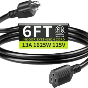16/3 Black Extension Cord 6 FT Indoor, Short Extension Cord for Laptops, Coffee Makers, Office Home Appliances, 3 Prong Small Resistant Cable Flexible, 13A 125V 1625W ETL Listed