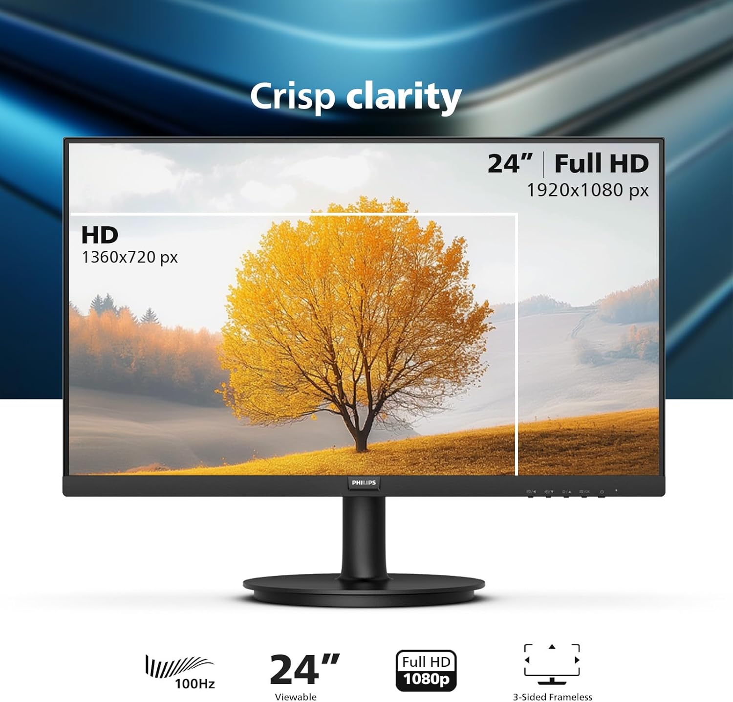 Philips 24 inch 100Hz Computer Monitor, Frameless Full HD (1920 x 1080), VESA, HDMI x1, VGA Port x1, Eye Care, 4 Year Advance Replacement Warranty, 241V8LB - Image 3
