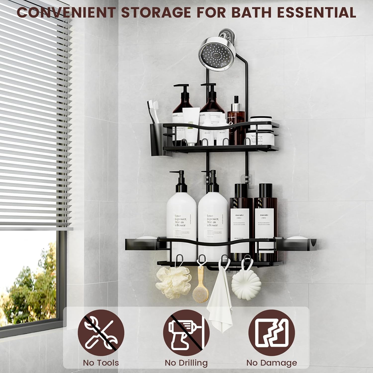 REINHARDT Shower Caddy Hanging, Rustproof Shower Caddy Anti-Swing Shower Organizer Over Showerhead No Drilling Shower Racks with Soap Holder Multi Hooks Bathroom Storage for Shampoo Sponge, Black - Image 3