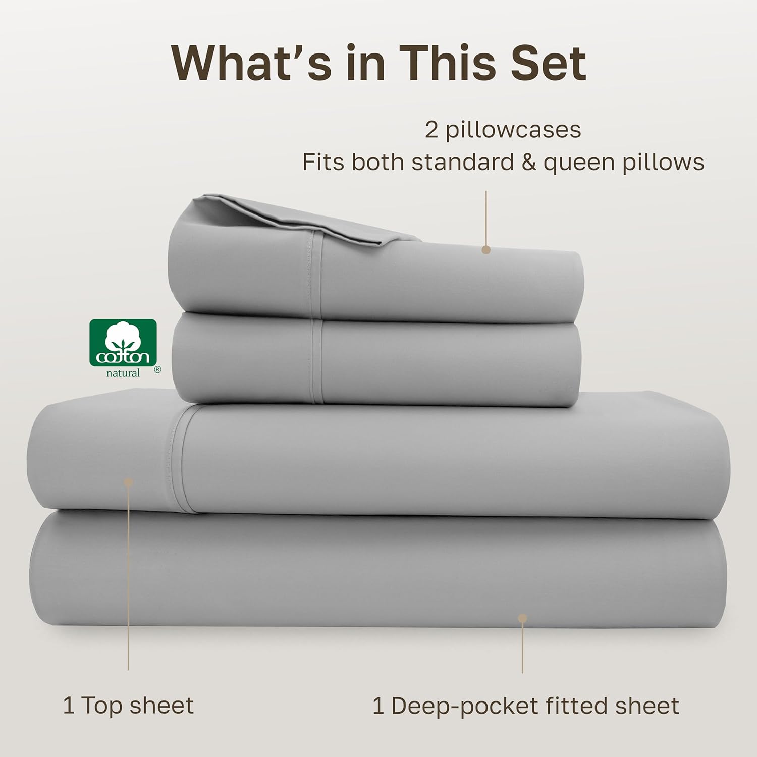 California Design Den Soft 100% Cotton Sheets Queen Size Set, 400 TC Good Housekeeping Award Winner, Silky Smooth Sateen with Deep Pockets, Breathable and Durable Cotton Bedding Set - Light Grey - Image 5
