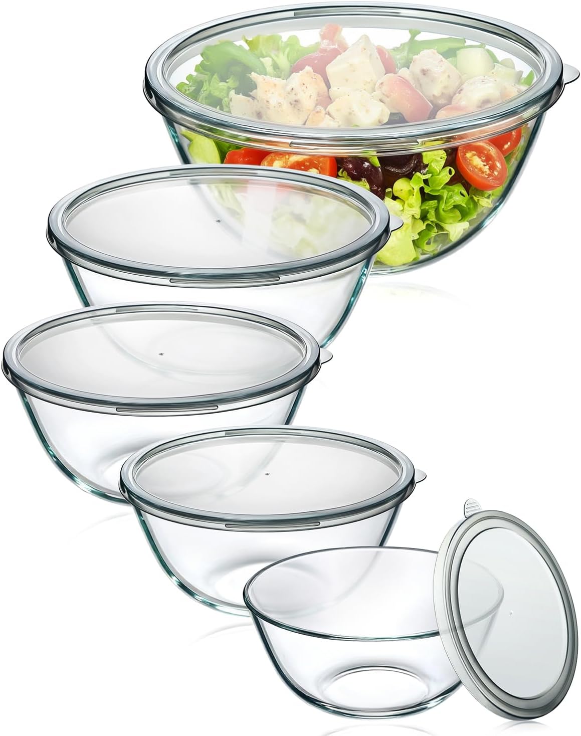 Glass Mixing Bowls with Lids Set of 5(4.78QT,2.2QT,1.7QT,1.1QT,0.85QT),Thick Glass Nesting Bowls for Kitchen Baking,Cooking Prep,Storage,Serving,Large Salad Bowls,Dishwasher Microwave Freezer Safe - Image 2