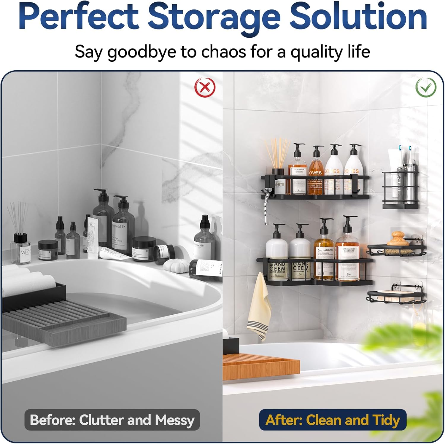 YASONIC Corner Shower Caddy, 5-Pack Adhesive Rustproof Stainless Steel Shower Organizer with Soap Holder, No Drilling Shower Shelf for Inside Shower, Dorm, Renters, Black - Image 9