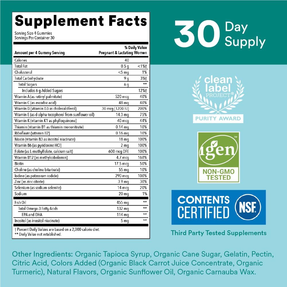 SmartyPants Prenatal Vitamins for Women, Multivitamin Gummies: Omega 3 Fish Oil (EPA/DHA), Biotin, Methylfolate, Vitamin D3, C, Vitamin B12, B6, A, K & Zinc, Inositol, 120 Count (30 Day Supply) - Image 5