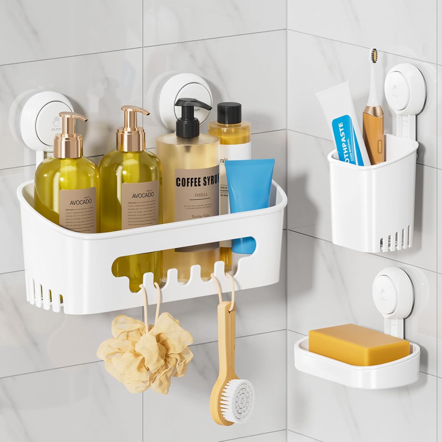 LEVERLOC Shower Caddy Suction Cup Set Shower Organizer & Soap Holder & Toothbrush Holder, Bathroom Shelf Basket NO-Drilling, Removable Suction Storage Waterproof Bathroom Caddy, White - Image 2