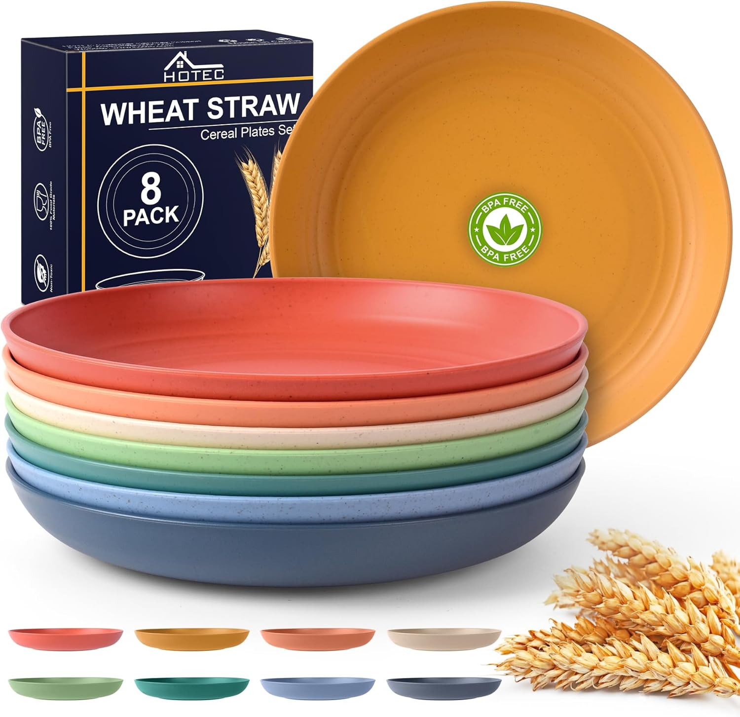 HOTEC 8-Pack 8inch BPA Free Unbreakable Deep Plastic Plates, Wheat Straw Camping Plates Dishwasher Safe Kitchen Plates Dinnerware Multicolor - Image 2