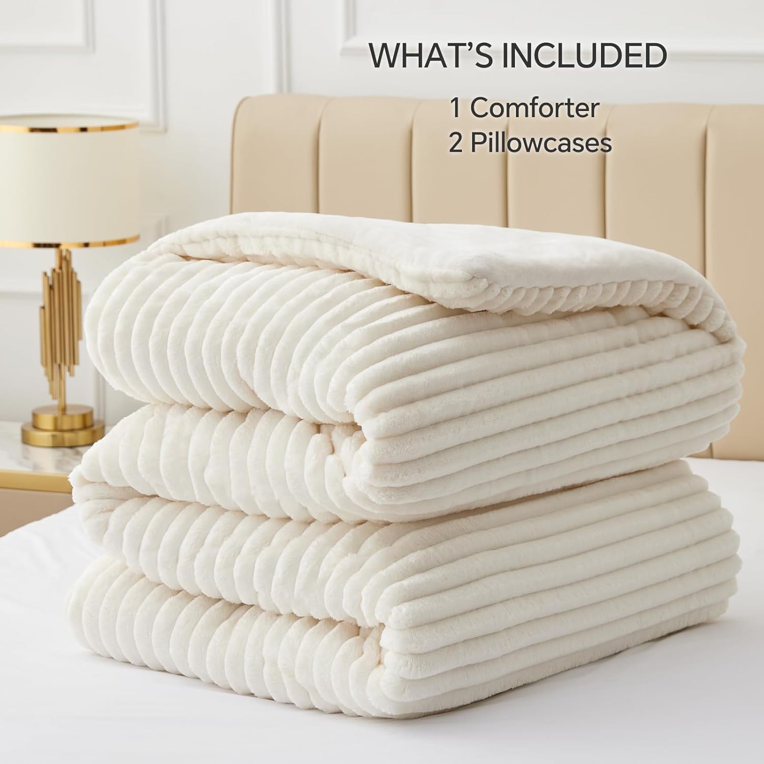 BEDELITE Fleece Queen Comforter Set -Super Soft & Warm Fluffy Cream White Bedding, Luxury Fuzzy Heavy Bed Set for Winter with 2 Pillow Cases - Image 6