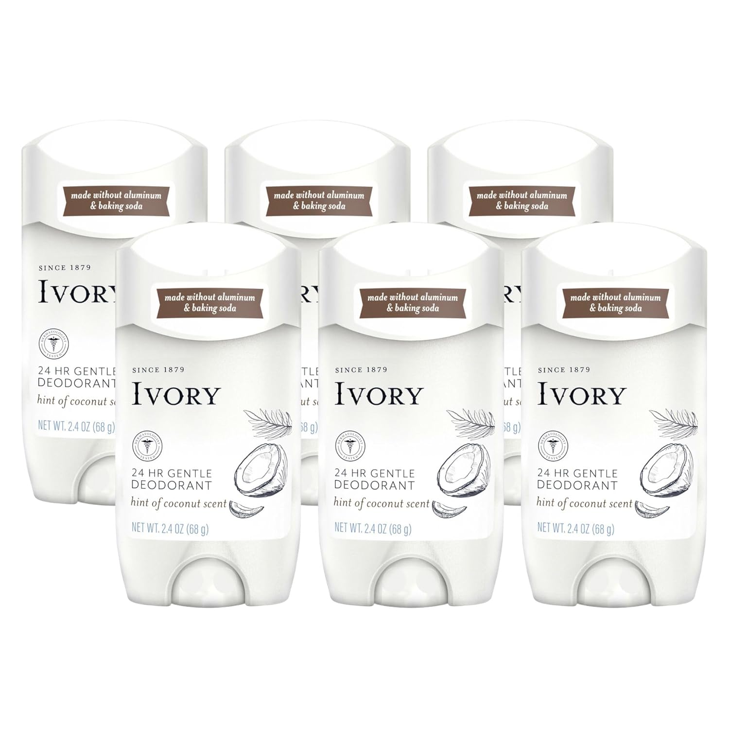 Ivory Aluminum Free Deodorant, Hint of Coconut, 24hr Gentle Deodorant, Dermatologist Tested, Baking Soda Free, Paraben Free, 2.4oz (Pack of 6) - Image 2