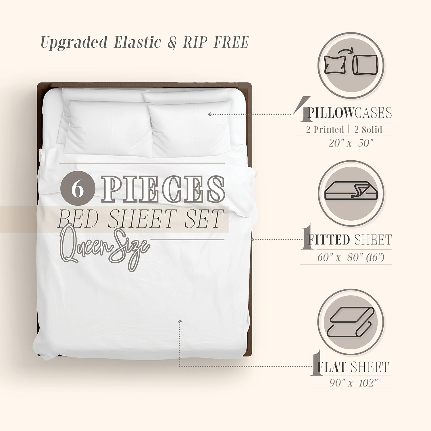 Elegant Comfort Amelia Paisley Printed 6-Piece Sheet Set, Deep Pocket 1500 Thread Count, Fade, Stain, and Wrinkle Resistant, Fitted Sheets with Smart Pockets, Paisley Sheet Set, Queen, Latte Taupe - Image 4