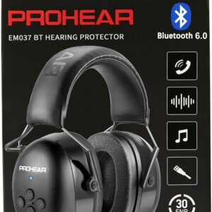 PROHEAR 037 Bluetooth 6.0 Hearing Protection Headphones with Rechargeable 1500mAh Battery, 30dB SNR Safety Noise Reduction Ear Muffs 120H Playtime for Mowing, Workshops, Snowblowing – Black