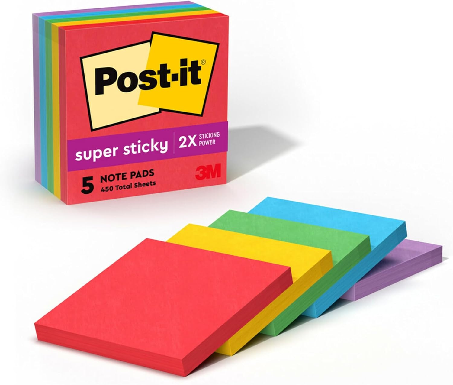 Post-it Super Sticky Notes, 5 Sticky Note Pads, 3 x 3 in., School Supplies and Office Products, Ideal for Textbooks, Notebooks, Walls and Vertical Surfaces, Playful Primaries Collection - Image 2
