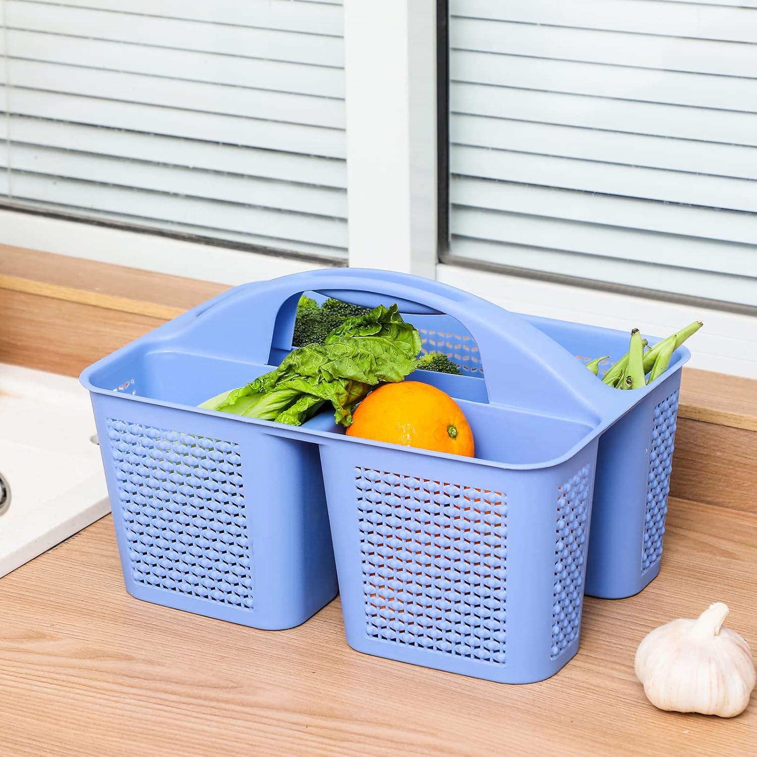UUJOLY Plastic Portable Shower Caddy Basket Bucket, Cleaning Shower Basket with Handle Compartments Storage Basket Organizer for Bathroom Kitchen College Dorm Sink, Dark Blue - Image 4