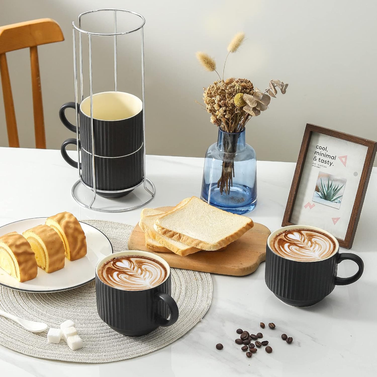 HASENSE Coffee Mug Ceramic Set of 4 with Stand, Stackable Large Latte Cups with Metal Stand, Dishwasher & Microwave Safe, Black for Cappuccino Tea Hot Cocoa - Image 6