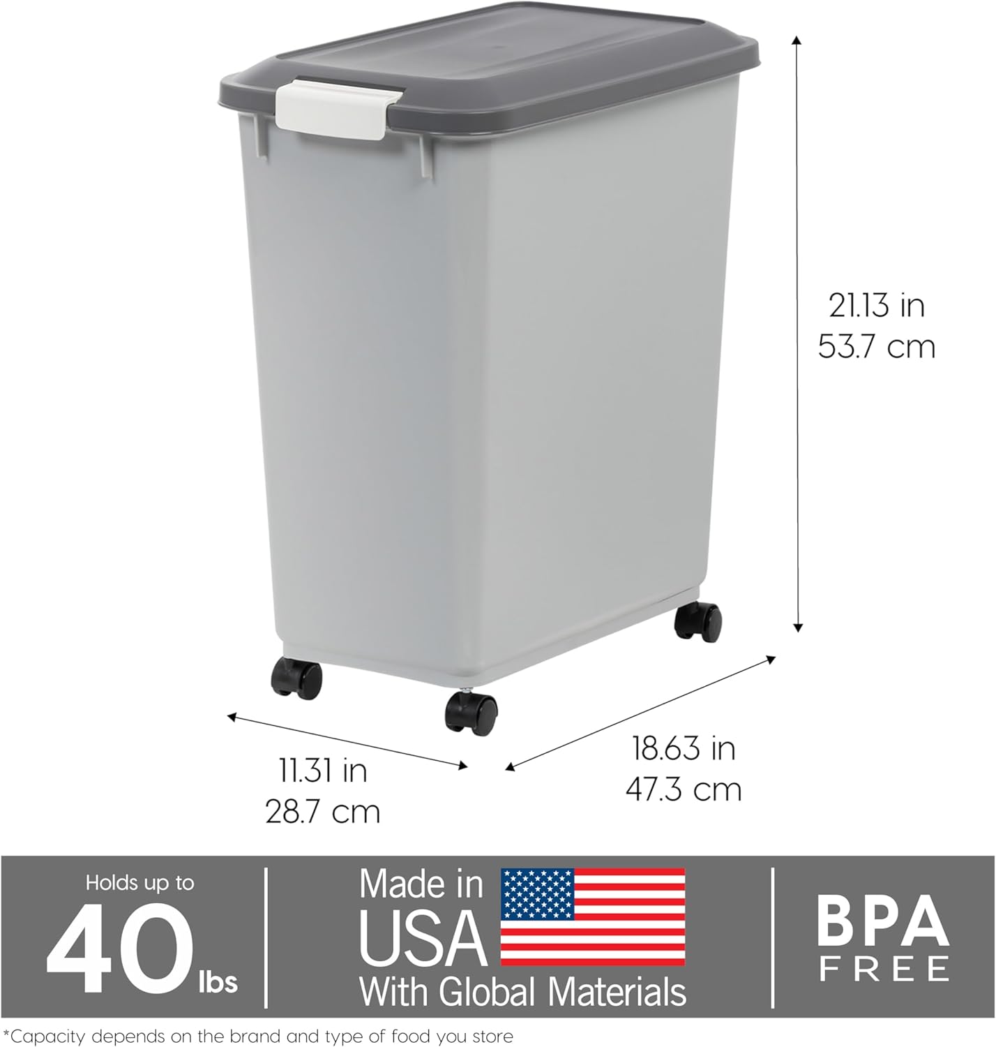 IRIS USA Dog Food Storage Container with Wheels, Airtight Lid, 2-Cup Scoop, Up to 40 Pounds Pet Food Storage, Built in Scoop Storage in Lid, Versatile Pet Food Bin, Portable, BPA Free, Gray/Dark Gray - Image 4